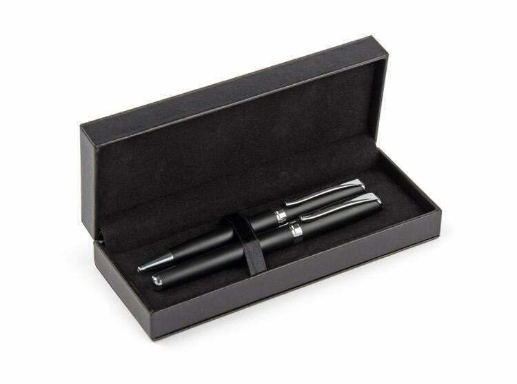 Zestaw piśmienniczy długopis + pióro wieczne - ekoskóra czarna - personalizowany na różne okazje