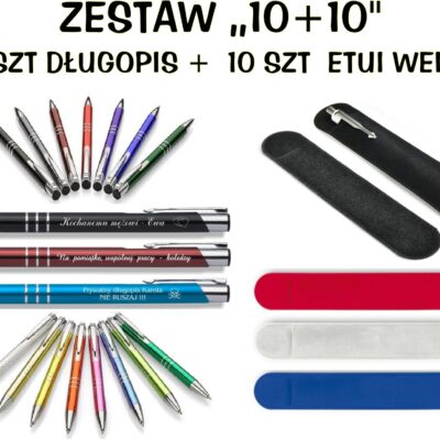 Długopis z grawerem + etui  welur ZESTAW 10+10
